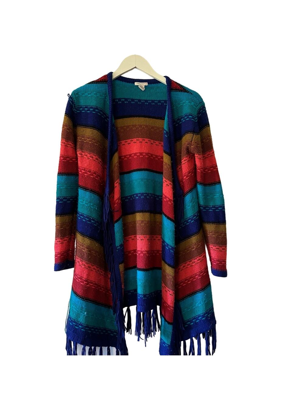 Forever 21 Rainbow Knit Cardigan Size L Fringe Trim Open Front Boho Sweater